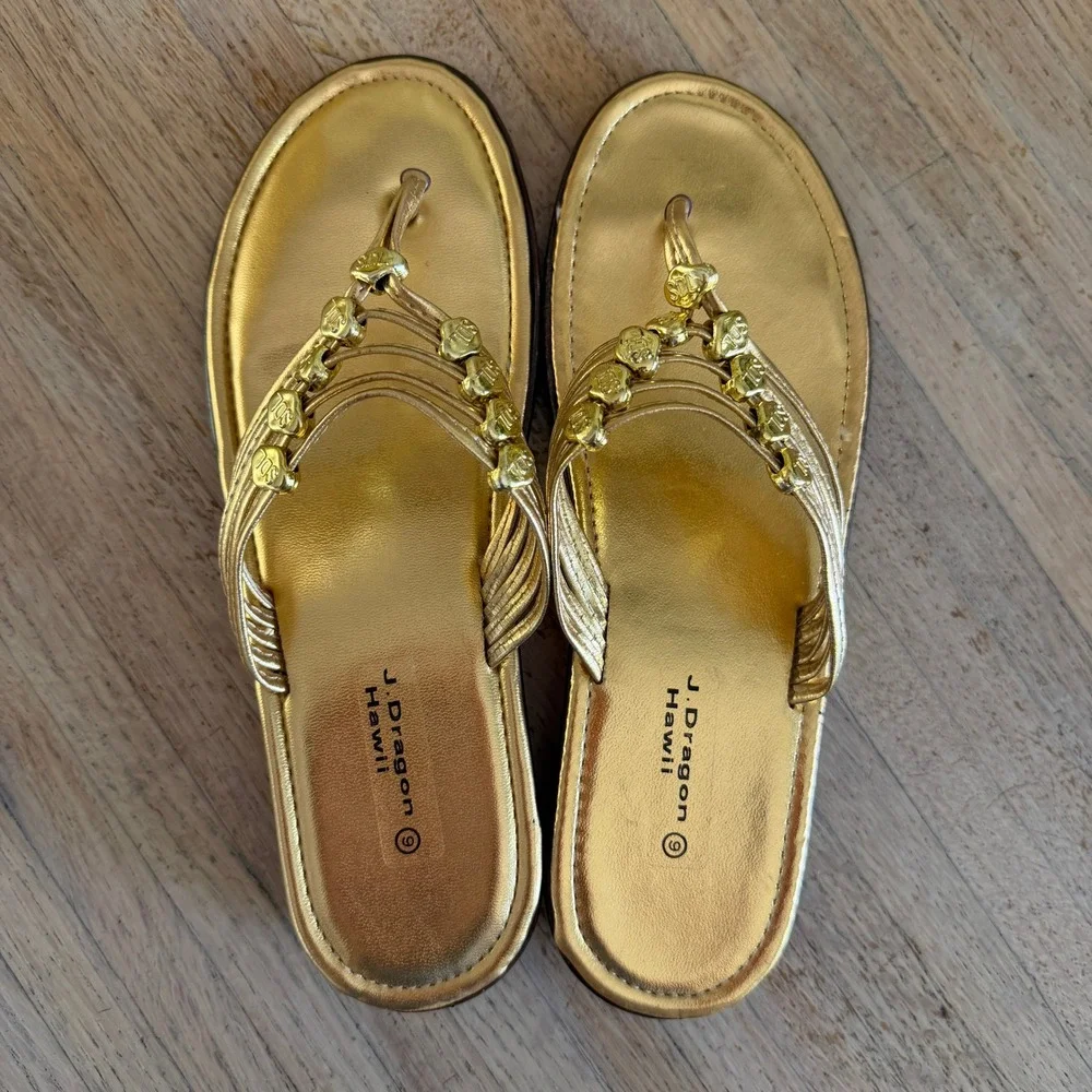 Womens Gold Metallic Sandals Multi Strap Wedge Sz 6 Tropical Casual Summer Beach